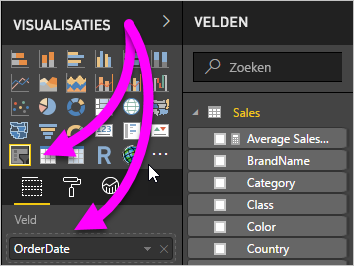 Schermopname van het deelvenster Visualisaties met het visualpictogram van de slicer en het veld gemarkeerd.