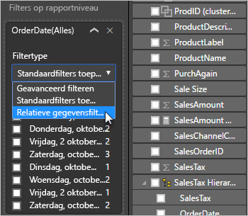 Schermopname van de optie Relatieve datum gemarkeerd in de vervolgkeuzelijst Filtertype.