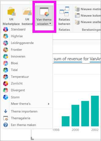 Schermopname van het selecteren van de vervolgkeuzelijst Thema's in Power BI Desktop.