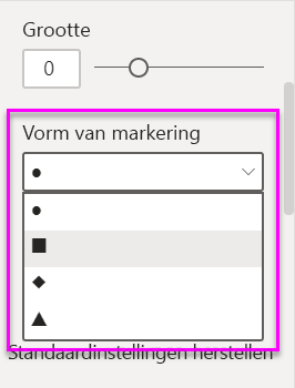 Schermopname van de vervolgkeuzelijst Shapetype met de opties voor markeringsshapes voor een grafiek in Power BI.