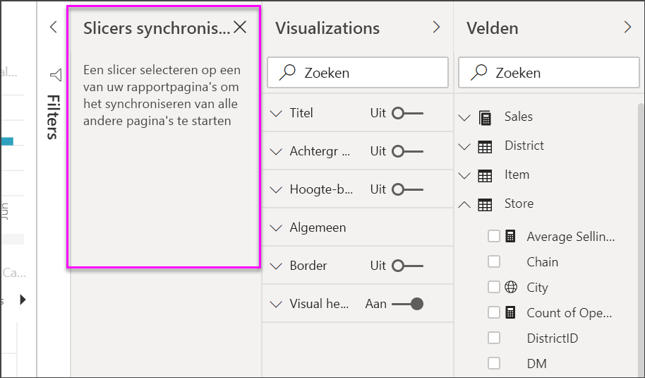 Schermopname van het deelvenster Slicers synchroniseren.