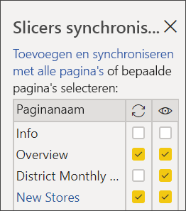 Schermopname van Pagina's selecteren in slicers synchroniseren.