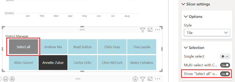 Schermopname van het toevoegen van een optie Alles selecteren aan een slicer.