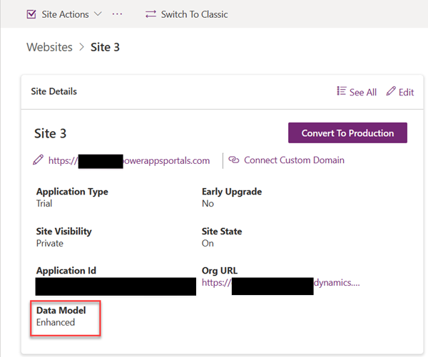 Schermopname waarin het veld Gegevensmodel is ingesteld op Verbeterd in de sectie Sitedetails voor een site.