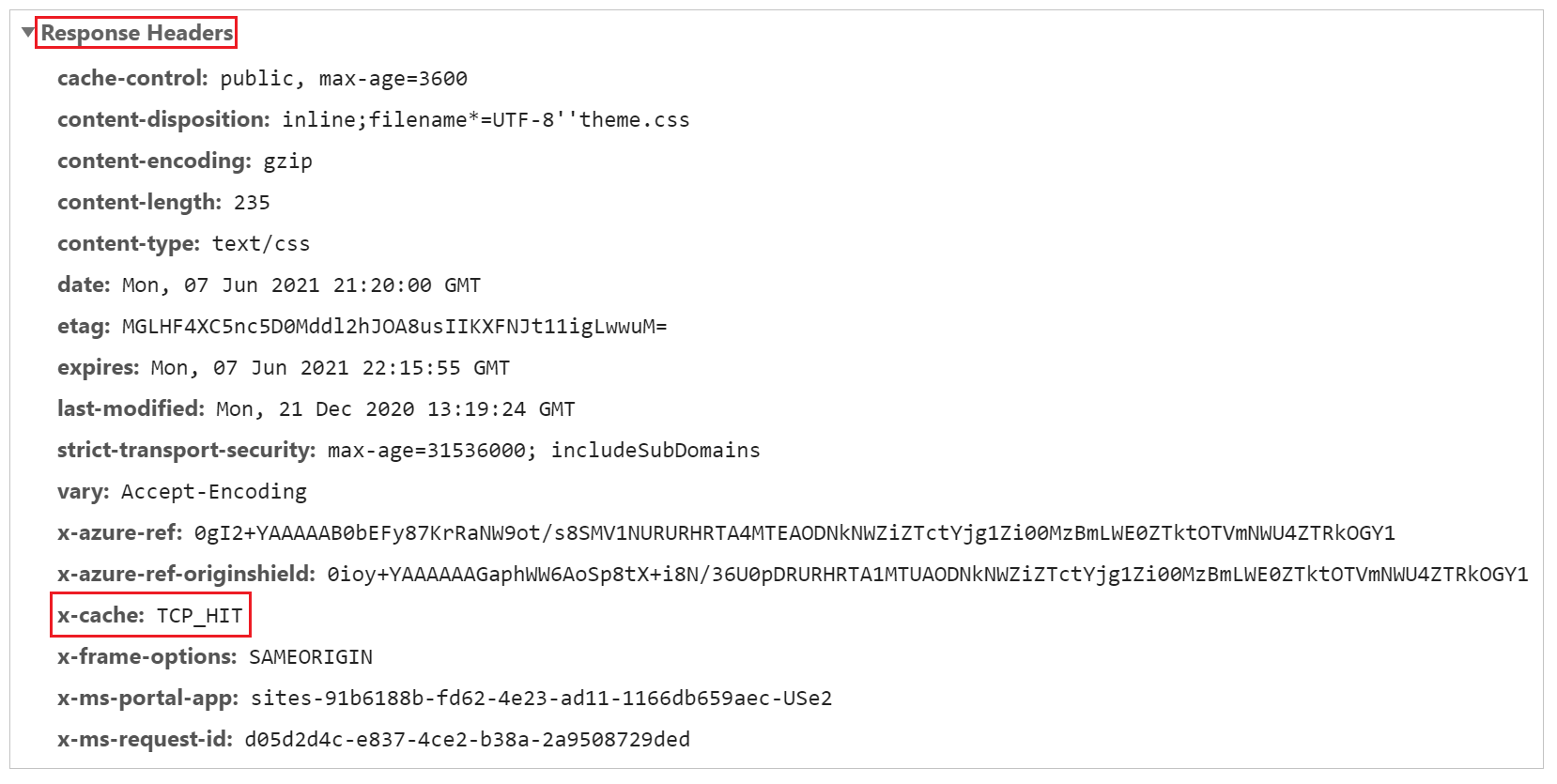 Responsheader genaamd x-cache met cachetrefferwaarde.