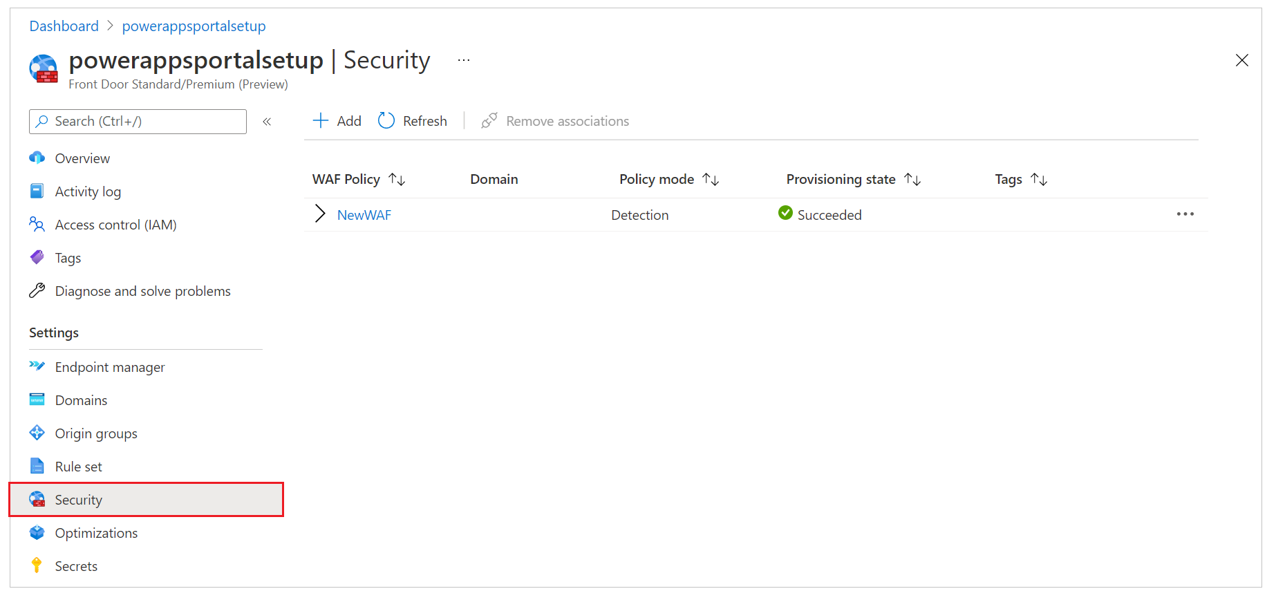 Beveiligingstabblad voor de Azure Front Door-configuratie.