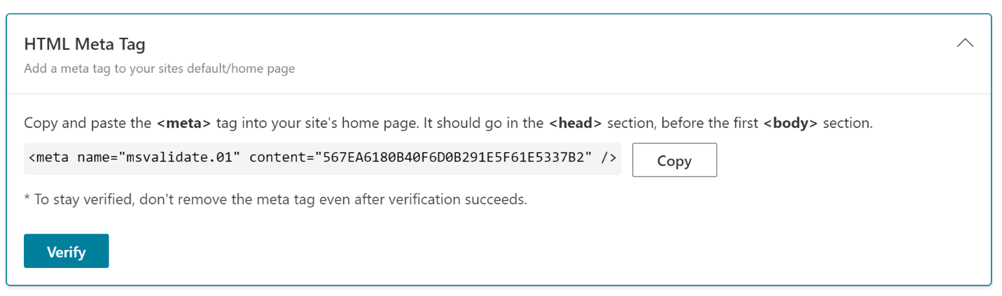 Schermopname van de optie HTML-metatag in Bing Webmaster Tools.