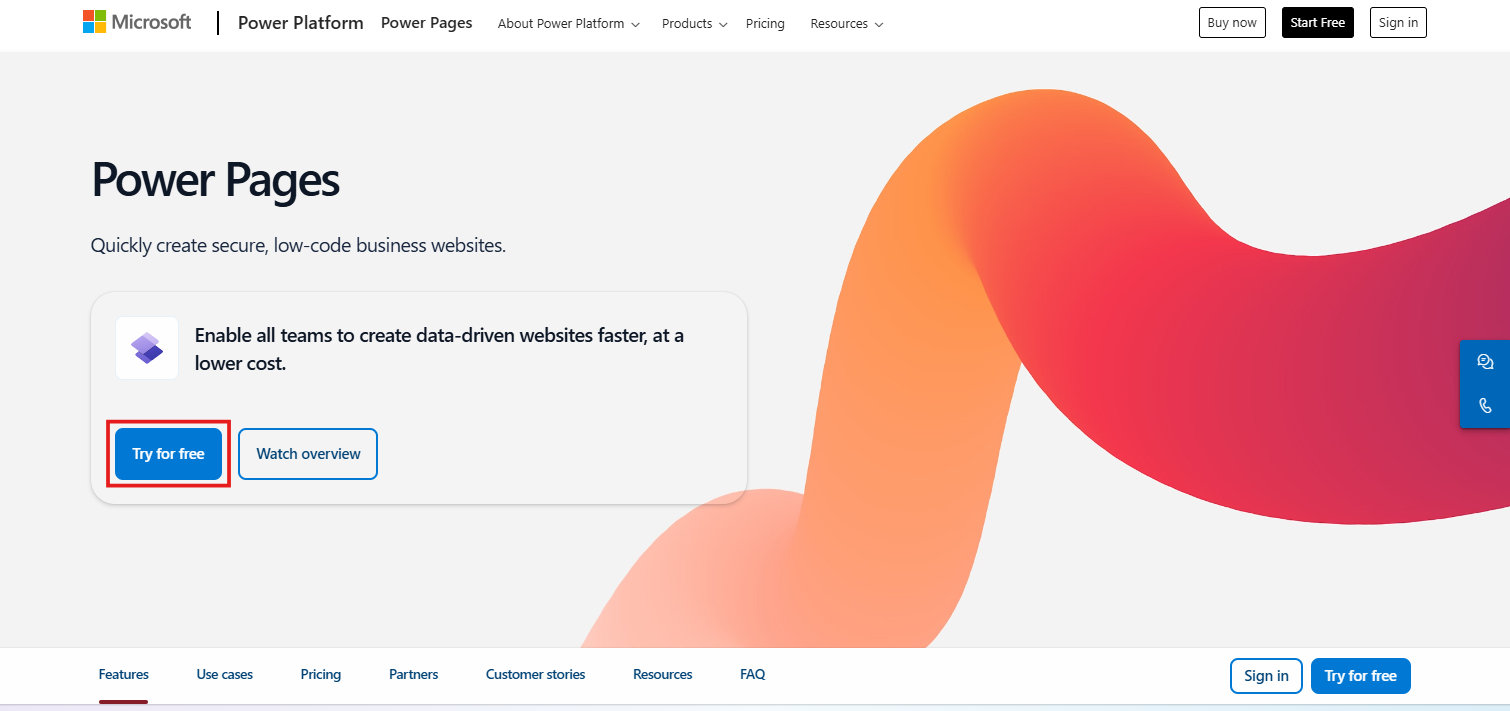 De startpagina voor Microsoft Power Pages met de knop Gratis uitproberen gemarkeerd.