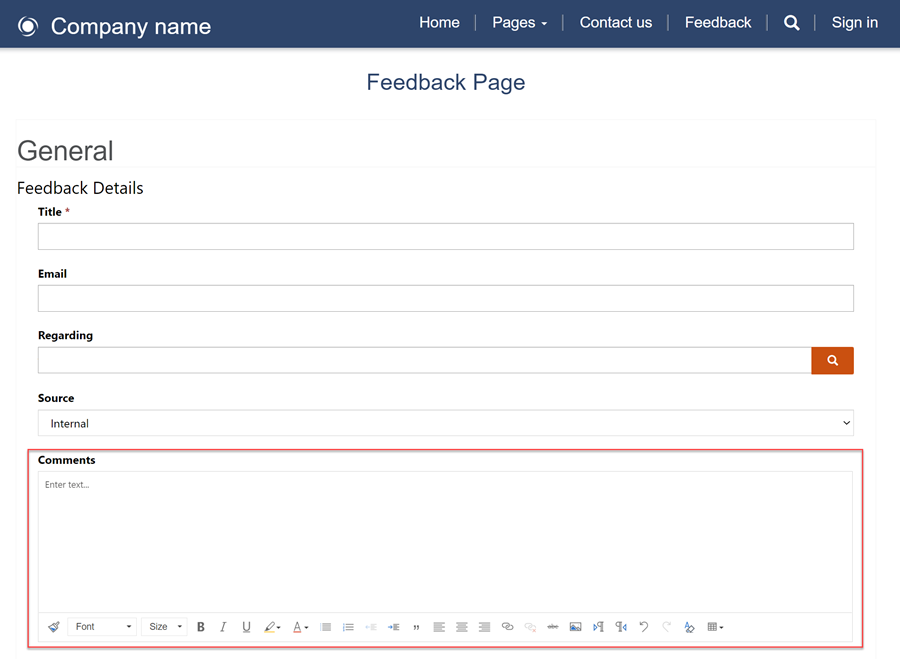 Feedbackformulier met besturingselement RTF-editor in opmerkingen.