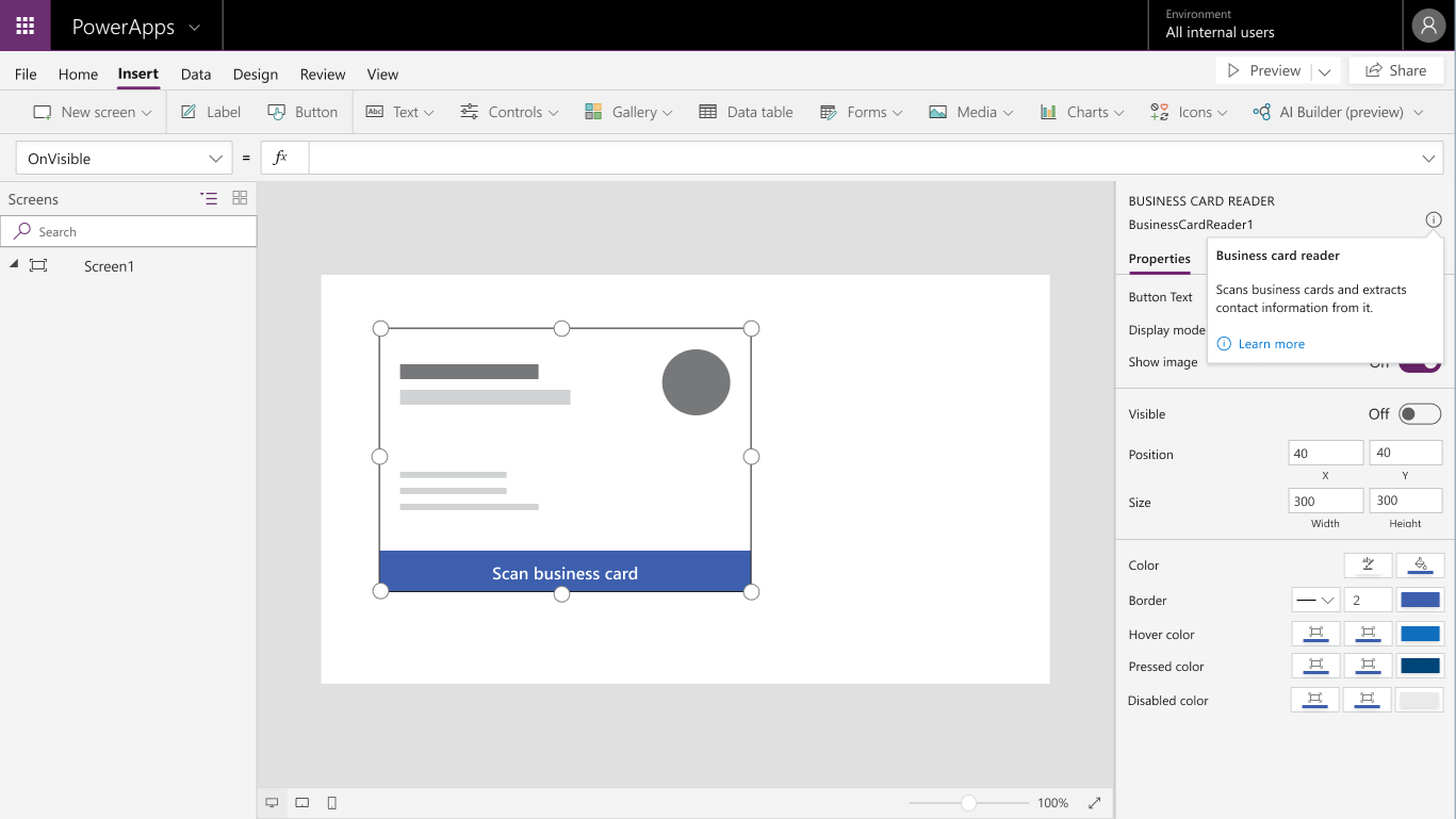 Visitekaartjeslezer in Power Apps Studio
