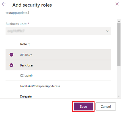 Schermopname van het toevoegen van beveiligingsrollen aan de nieuwe toepassingsgebruiker.