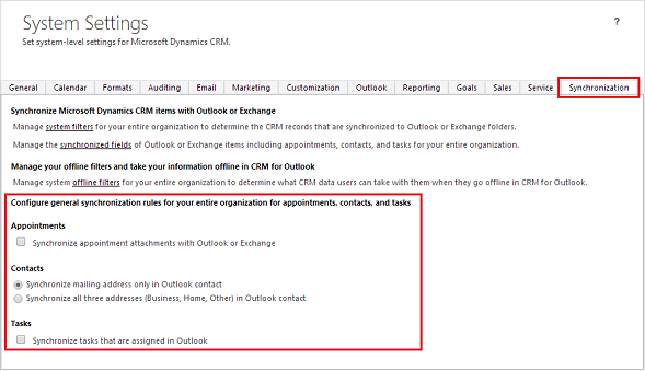 Een schermopname van het tabblad Synchronisatie systeeminstellingen in Dynamics 365 for Outlook.