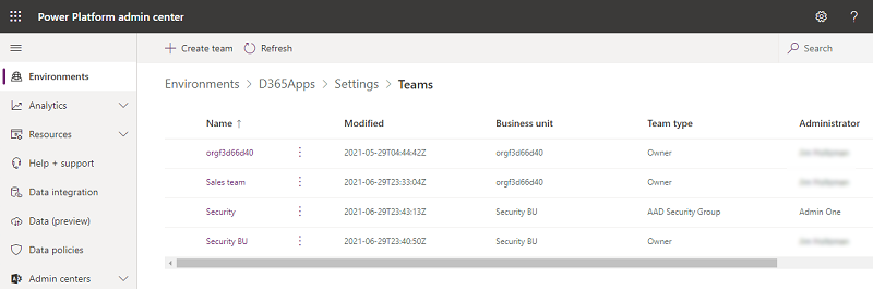 Schermopname van een lijst met teams in een omgeving.
