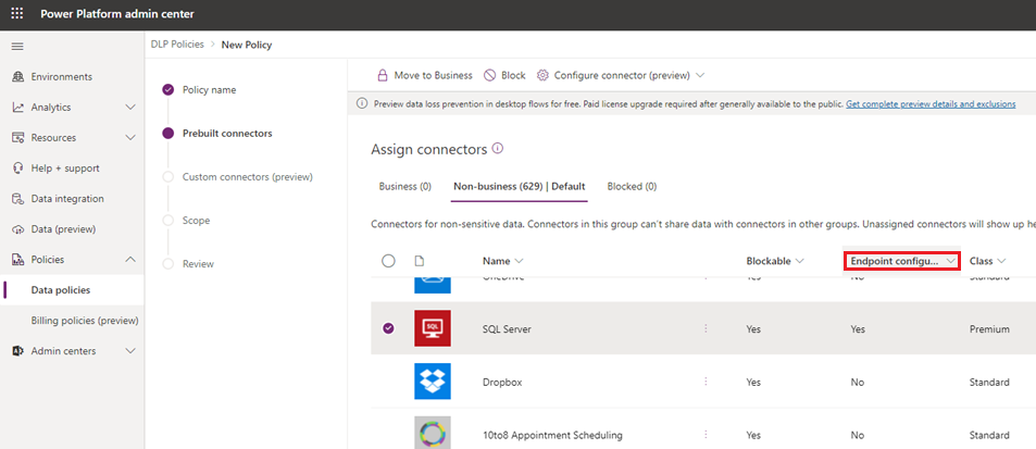 Eindpunt is configureerbaar op de pagina Vooraf gebouwde connectors.