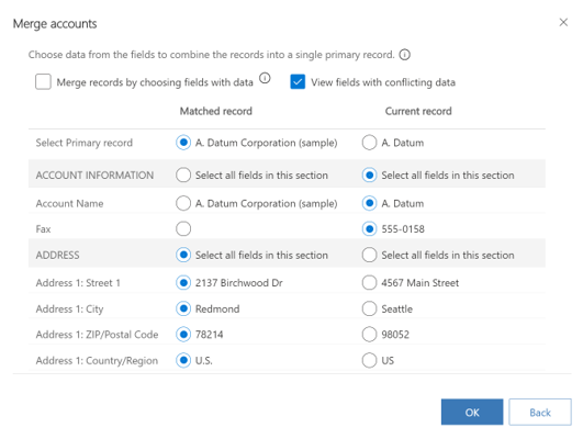 Screenshot van het dialoogvenster Accounts samenvoegen.