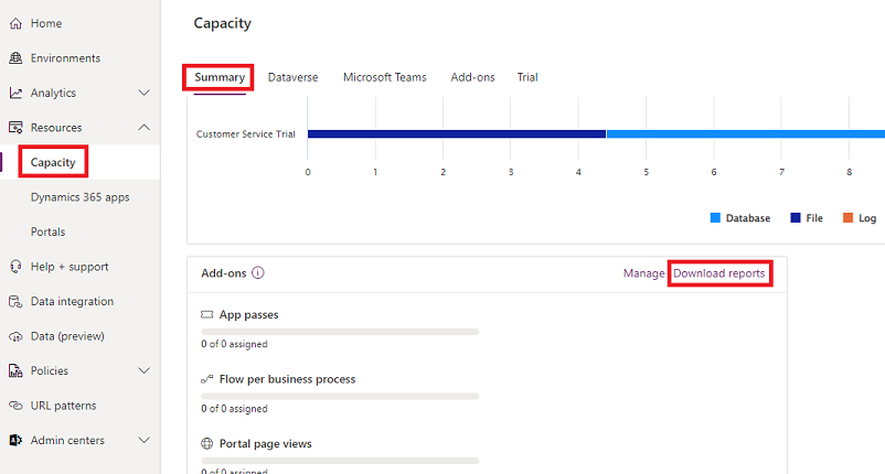 Schermopname waarop de pagina Capaciteit in het Power Platform-beheercentrum te zien is met een markering bij de link om rapporten te downloaden.