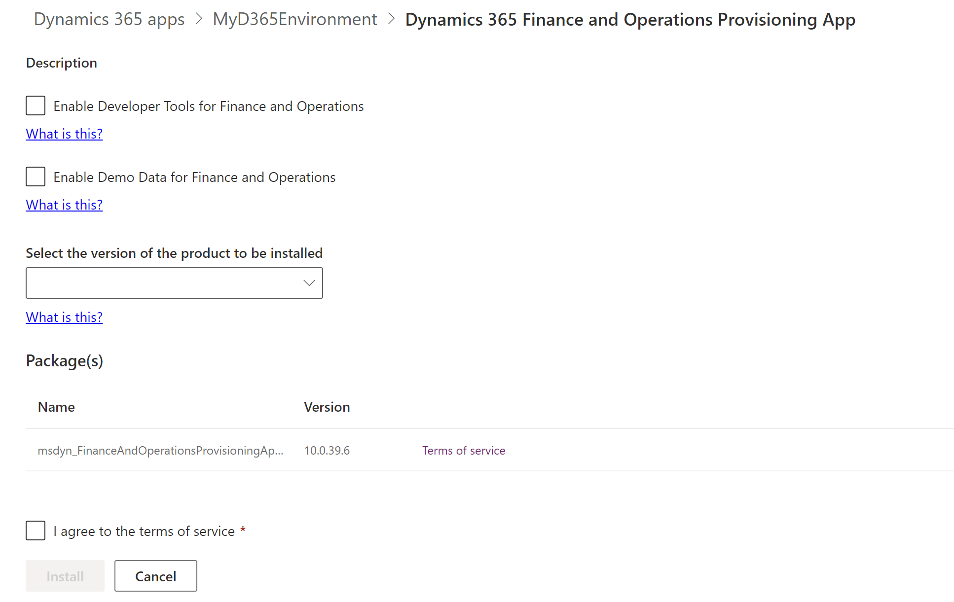 Schermafbeelding van de installatieconfiguratiepagina voor de provisioning-app.