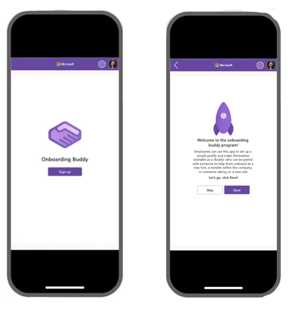 Schermopnamen van de aanmeldings- en welkomstschermen van de app Onboardingbuddy.