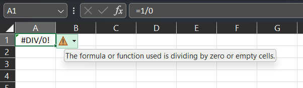 Excel-spreadsheet met A1=1/0 en #DIV/0! weergegeven in de cel