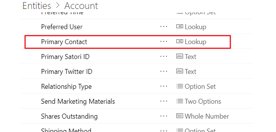 Een gedeeltelijke lijst van de velden uit de tabel Account in Dataverse voor apps die 'Primaire contactpersoon' markeren is een opzoekveld