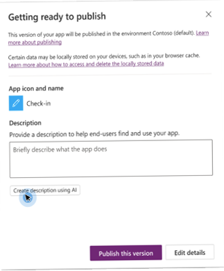 Hier wordt het dialoogvenster Publiceren van de canvas-app-maker getoond met de optie voor het maken van een beschrijving met AI.