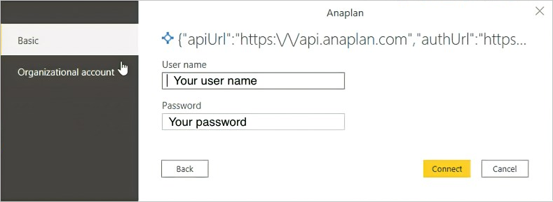 Het dialoogvenster Anaplan Verbinding maken. Hier voert u uw gebruikersnaam en wachtwoord in.