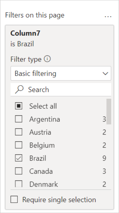 Schermopname van het deelvenster Filters op deze pagina, waarbij Brazilië is geselecteerd als het land of de regio die moet worden weergegeven.