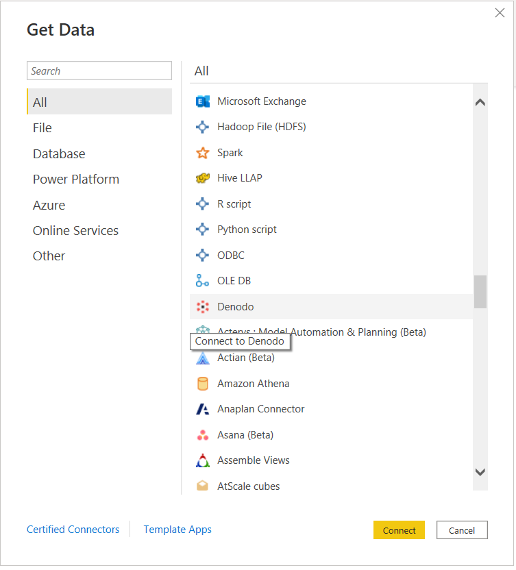 Denodo-connector in Power Query Desktop.