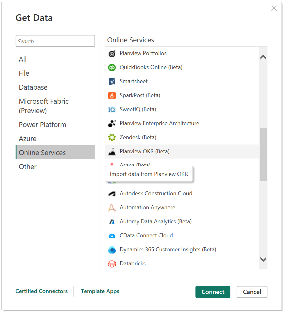 Schermopname van de categorie Online Services en de Planview OKR-connector gemarkeerd.