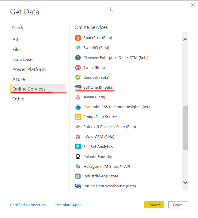 Selecteer de SoftOne BI-connector.