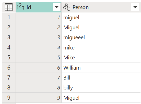 Schermopname van de tabel met negen rijen vermeldingen die verschillende spelling- en hoofdlettergebruiken van de naam Miguel en William bevatten.