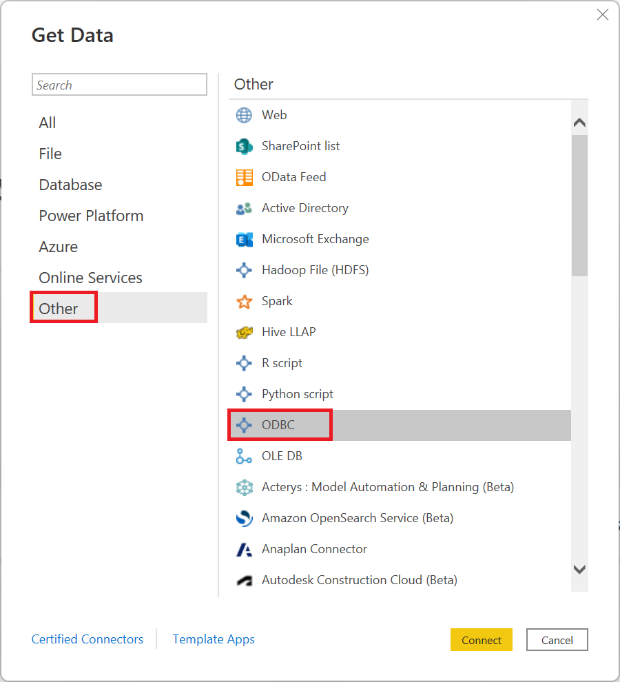 Screenshot of the Power Query Desktop Get Data dialog, showing the O D B C selection.