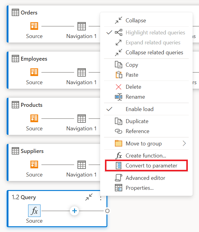 Converteren naar parameteroptie in het contextmenu van de query.