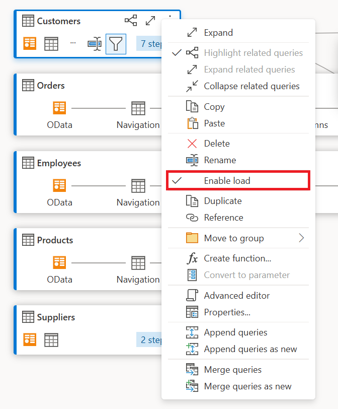 Schermopname van de optie Laden inschakelen in het contextmenu van de query.