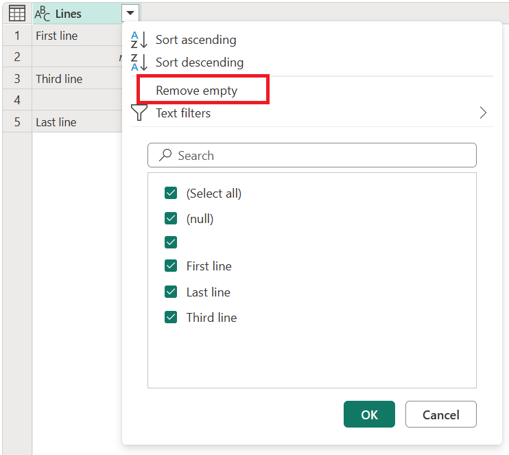 Schermopname van de kolom Lijnen met de optie Lege verwijderen benadrukt.