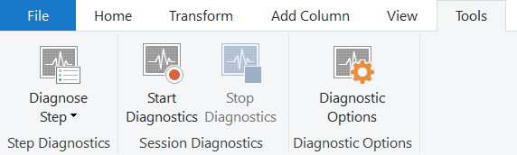 Schermopname van de diagnostische functies voor query's onder het lint Hulpmiddelen voor Power Query.