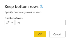Dialoogvenster Onderste rijen behouden met de waarde 10 die als invoerwaarde is ingevoerd om alleen de onderste tien rijen van de tabel te behouden.