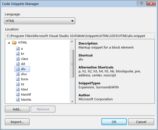 Code Snippets Manager dialog box