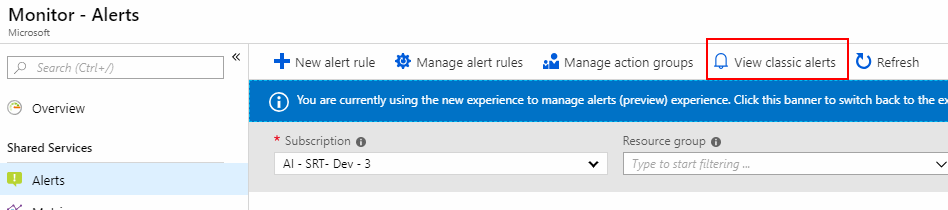 Klassieke waarschuwing in Azure Portal