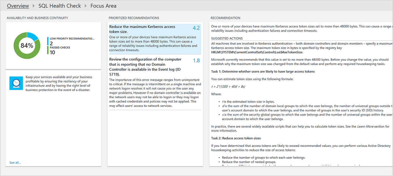 afbeelding van aanbevelingen voor SQL Health Check