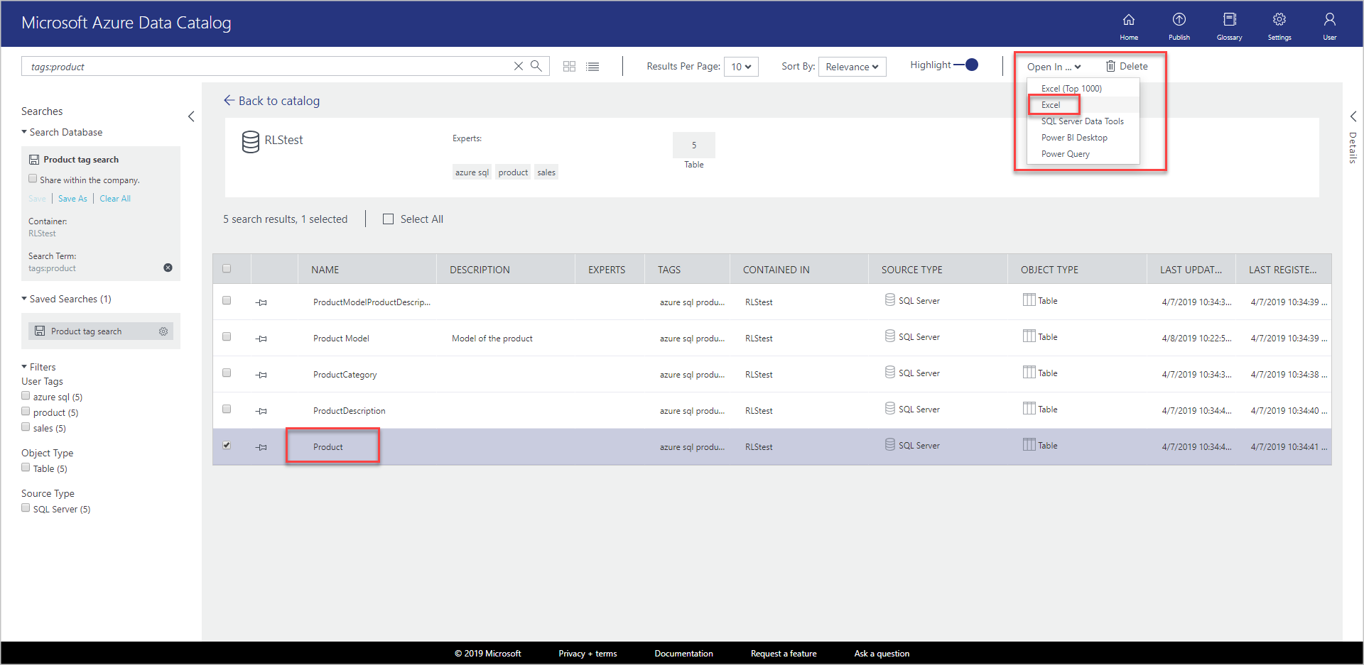 Product is geselecteerd in de tabel met geretourneerde resultaten. De knop Openen in is geselecteerd en Excel is geselecteerd in de vervolgkeuzelijst.