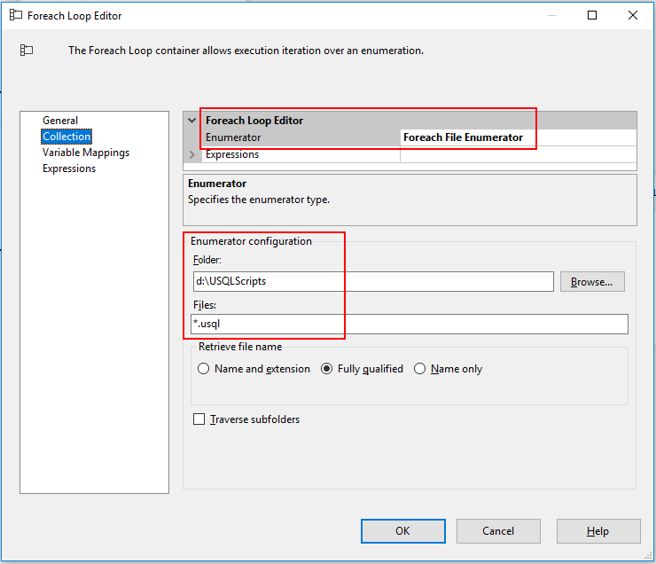 Schermopname van de Foreach Loop-Editor met 'Verzameling' geselecteerd en de secties Enumerator- en Enumerator-configuratie gemarkeerd.