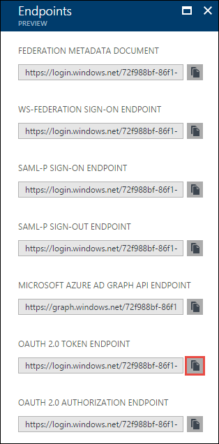 Schermopname van de blade Eindpunten met het O AUTH 2-punt O TOKEN EINDPUNT kopiëren pictogram gemarkeerd.