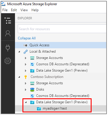 Schermopname van een voorbeeldaccount in het Data Lake Storage Gen1-knooppunt