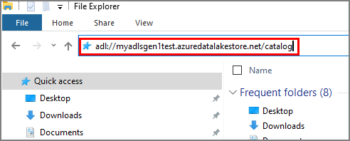 Toont de URL van een map in een Data Lake Storage Gen1-account dat is gekopieerd naar het Bestandenverkenner-venster