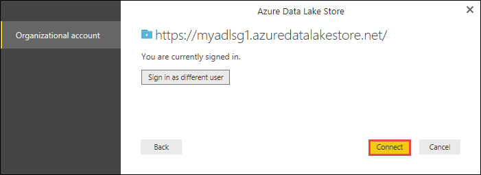 Schermopname van het dialoogvenster Azure Data Lake Store met de optie Verbinding maken gemarkeerd.