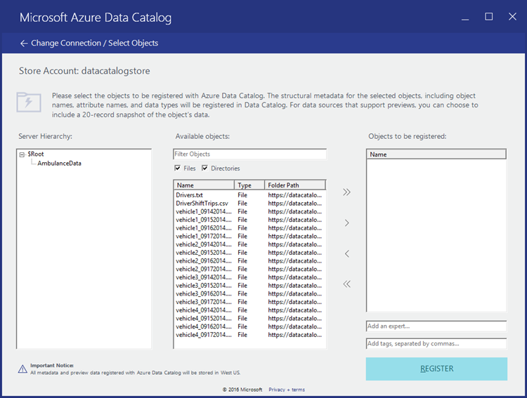 Schermopname van het dialoogvenster Microsoft Azure Data Catalog - Store-account.