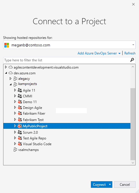 Connect to a project dialog