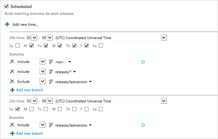 Scheduled trigger different frequencies, TFS 2017.1 and older versions.