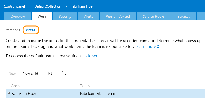 Areas, defaults defined for project